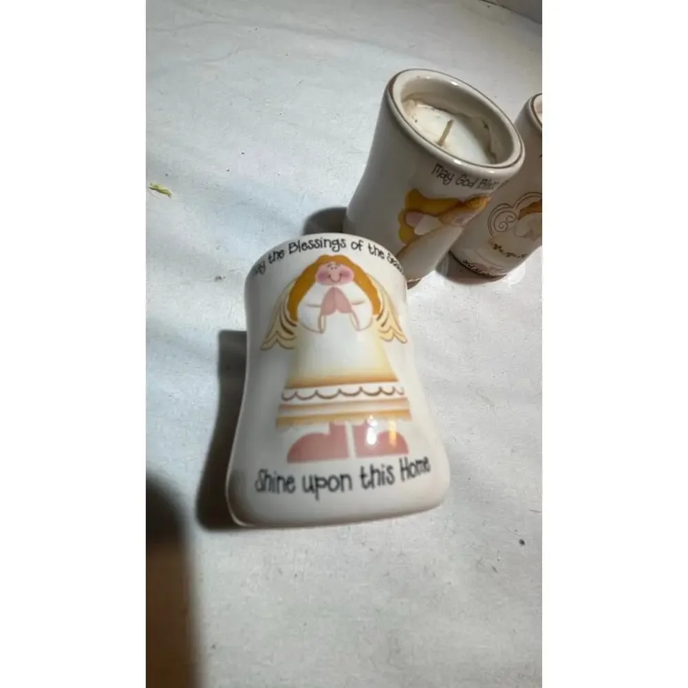 Set of Three Angel-Themed Ceramic Candle Holders
